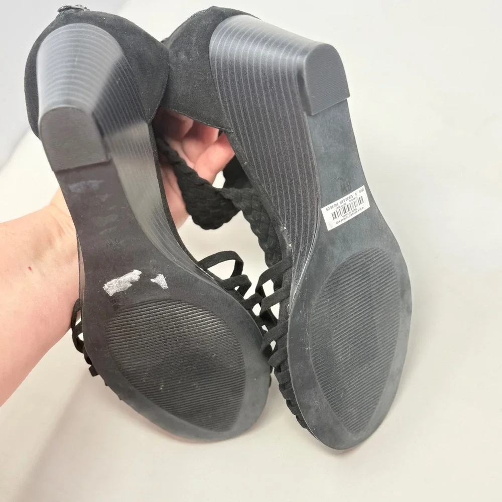 Torrid Black Braided T-Strap Midi Wedge Sandals Open Toe Back Zip  8W